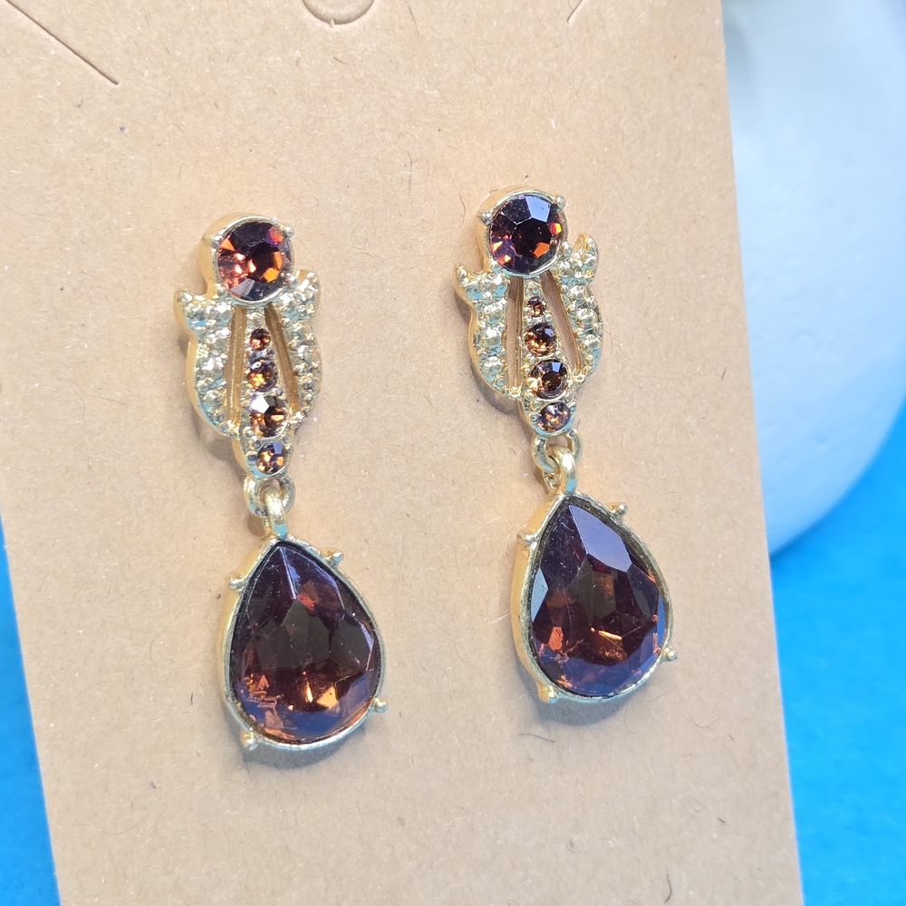 Vintage Gold-Tone Brown Topaz Glass Teardrop Dangle Earrings - Unbranded